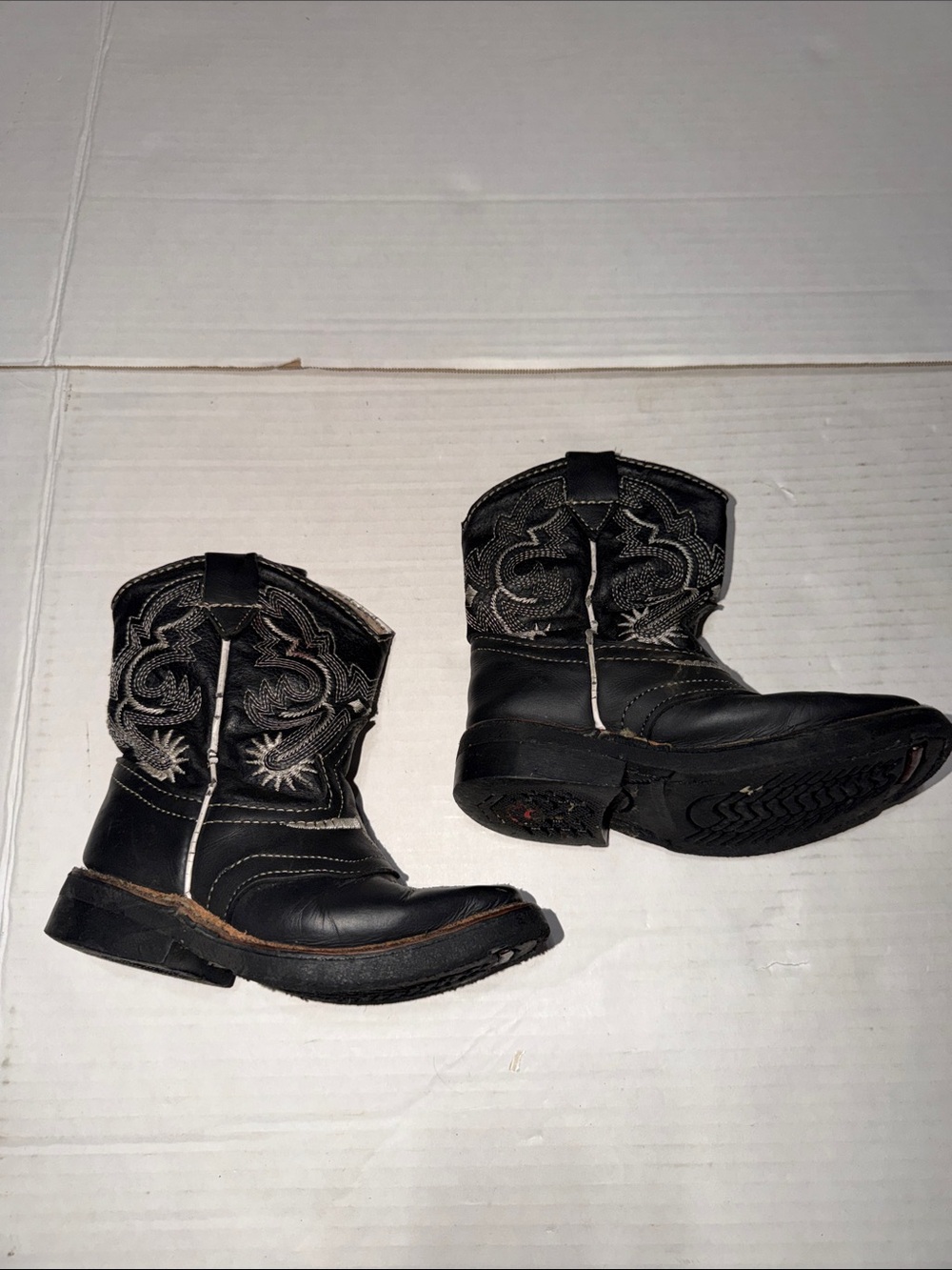 Black Kids Authentic Leather Western Cowboy Boots with Embroidered Shaft